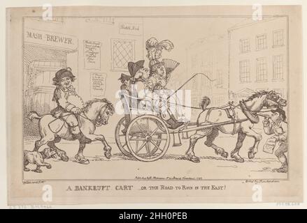 Un chariot en faillite, ou la route de la ruine dans l'est!5 novembre 1799 Thomas Rowlandson Une famille conduit dans un chariot à deux roues rugueux tiré par une carthorse maladroite.L'homme conduit, portant un chapeau coché et sa femme porte de grandes plumes dans sa petite casquette de paille et tient un ventilateur.Un garçon et une fille sont pressés dans le dos.Un joueur de foot qui se ronche se déplace derrière eux.Un chariot en faillite, ou la route de la ruine dans l'est!.Thomas Rowlandson (britannique, Londres 1757–1827 Londres).5 novembre 1799.Gravure.Rudolph Ackermann, Londres (actif 1794–1829).Imprime Banque D'Images