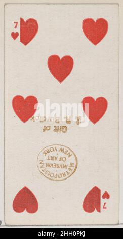Seven Hearts (rouge), de la série de cartes à jouer (N84) pour les cigarettes de marque Duke 1888 émises par W. Duke, Sons & Co. American Trade Cards de la série de cartes à jouer (N84), émises dans un jeu de 53 cartes en 1888 pour promouvoir les cigarettes de marque W. Duke Sons & Co.Les versos affichent un motif fleuri abstrait assorti.Le Joker et l'As des pique présentent une annonce pour les cigarettes de marque Duke.Outre les cigarettes de Duke, le même jeu de cartes à jouer a également été libéré pour promouvoir les cigarettes turques Cross Cut.Seven Hearts (rouge), de la série de cartes à jouer (N84) pour les cigarettes de marque Duke.1888. Comm Banque D'Images