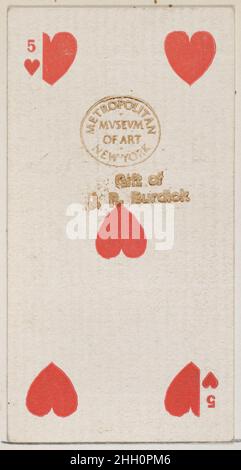 Five Hearts (rouge), de la série PlayCards (N84) for Duke brand cigarettes 1888 émise par W. Duke, Sons & Co. American Trade Cards de la série « PlayCards » (N84), émise dans un jeu de 53 cartes en 1888 pour promouvoir les cigarettes de marque W. Duke Sons & Co.Les versos affichent un motif fleuri abstrait assorti.Le Joker et l'As des pique présentent une annonce pour les cigarettes de marque Duke.Outre les cigarettes de Duke, le même jeu de cartes à jouer a également été libéré pour promouvoir les cigarettes turques Cross Cut.Five Hearts (rouge), de la série de cartes à jouer (N84) pour les cigarettes de marque Duke.1888. Commerc Banque D'Images