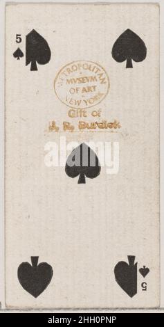 Five Spades (noir), de la série de cartes à jouer (N84) pour les cigarettes de marque Duke 1888 émises par W. Duke, Sons & Co. American Trade Cards de la série de cartes à jouer (N84), émises dans un jeu de 53 cartes en 1888 pour promouvoir les cigarettes de marque W. Duke Sons & Co.Les versos affichent un motif fleuri abstrait assorti.Le Joker et l'As des pique présentent une annonce pour les cigarettes de marque Duke.Outre les cigarettes de Duke, le même jeu de cartes à jouer a également été libéré pour promouvoir les cigarettes turques Cross Cut.Cinq pique (noir), de la série de cartes à jouer (N84) pour les cigarettes de marque Duke.1888. COM Banque D'Images