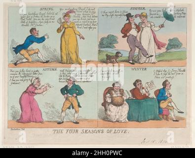 Les quatre saisons de l'amour 15 septembre 1814 Thomas Rowlandson quatre dessins.Printemps : un tailleur s'agenouille devant une femme et dit : « Oh, vous envoûtez Angel et vous vous tenez à vos pieds un Swain aussi tendre qu'un Cutlet de veau, vous êtes le tissu très large de la perfection. Dommage sur moi, adorable Mme Griskin. »Elle répond: «vous diable enchanteur, je ne sais pas quoi vous dire. Cependant, M. Thimble—que Mole entre vos sourcils—m'a tellement mis à l'esprit de mon pauvre mari parti, que je pense que je ne peux pas vous refuser.'Smomer:la paire marche bras dans bras dans un paysage, suivi d'un chien.Il dit: 'Tu es né pour s'il vous plaît Banque D'Images