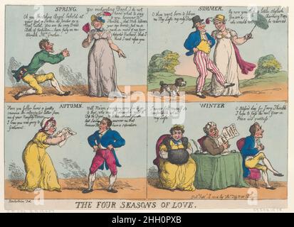 Les quatre saisons de l'amour 15 septembre 1814 Thomas Rowlandson quatre dessins.Printemps : un tailleur s'agenouille devant une femme et dit : « Oh, vous envoûtez Angel et vous vous tenez à vos pieds un Swain aussi tendre qu'un Cutlet de veau, vous êtes le tissu très large de la perfection. Dommage sur moi, adorable Mme Griskin. »Elle répond: «vous diable enchanteur, je ne sais pas quoi vous dire. Cependant, M. Thimble—que Mole entre vos sourcils—m'a tellement mis à l'esprit de mon pauvre mari parti, que je pense que je ne peux pas vous refuser.'Smomer:la paire marche bras dans bras dans un paysage, suivi d'un chien.Il dit: 'Tu es né pour s'il vous plaît Banque D'Images