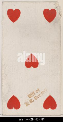 Five Hearts, de la série PlayCards (N84) pour promouvoir les cigarettes turques Cross-Cut pour W. Duke, Sons and Co. 1888 émises par W. Duke, Sons & Co. American Trade Cards de la série « Playing Cards » (N84),Sorti en 53 cartes en 1888 pour promouvoir les cigarettes turques Cross-Cut produites par W. Duke Sons & Co. Les versos de l'ensemble présentent un motif floral abstrait assorti.Le Joker annonce les cigarettes de marque Duke et l'As de pique affiche une annonce pour les cigarettes turques Cross-Cut.En plus de la coupe turque, une version du même jeu de cartes à jouer a également été publiée pour promouvoir Banque D'Images