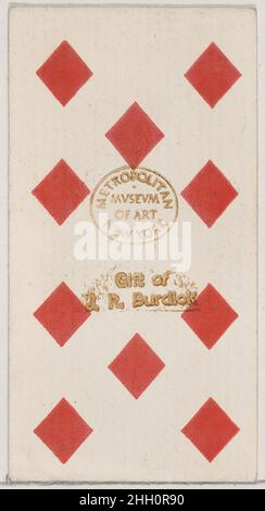 Ten Diamonds, de la série de cartes à jouer (N84) pour promouvoir les cigarettes turques Cross-Cut pour W. Duke, Sons and Co. 1888 émises par W. Duke, Sons & Co. American Trade Cards de la série de cartes à jouer (N84),Sorti en 53 cartes en 1888 pour promouvoir les cigarettes turques Cross-Cut produites par W. Duke Sons & Co. Les versos de l'ensemble présentent un motif floral abstrait assorti.Le Joker annonce les cigarettes de marque Duke et l'As de pique affiche une annonce pour les cigarettes turques Cross-Cut.En plus de la coupe turque, une version du même jeu de cartes à jouer a également été publiée pour promouvoir Banque D'Images