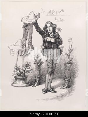 Wilde sur nous.Quelque chose de 'Live Up' à en Amérique (publié dans 'Harper's Bazar,' 10 juin 1882) initialement publié 1882 Thomas Nast c'est une preuve d'une gravure en bois publiée dans Harper's Bazar.Oscar Wilde vêtu d'un costume en velours avec des culottes au genou, montre des bottes de travail et un chapeau de paille portant la mention « The pittoresque Miners in the Rocky Mountains ».Ses poches sont remplies de sacs de mousson, et les tournesols poussent d'une capitale de colonne derrière.Plus de tournesols et un nénuphar pousse à partir d'une autre paire de bottes.Un chapeau reposant sur un cudgel porte la mention « for Sun & Rain ».Graffitis sur le mur derrière représente les hommes fi Banque D'Images