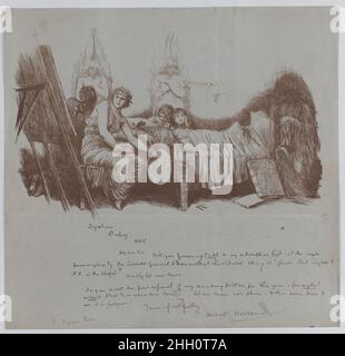 Invitation à un dîner-bénéfice de Hubert von Herkomer à Thomas Agnew 1877–78 Sir Hubert von Herkomer Herkomer a conçu cette invitation lithographiée pour un dîner annuel à Londres qui a permis de recueillir des fonds pour l'institution bienveillante générale des artistes pour le secours des artistes en détresse, de leurs veuves et de leurs orphelins.La vignette représente la mort tragique d'un artiste auquel ont assisté deux jeunes enfants, avec une figure féminine symbolisant la peinture assise au chevet du patient.Ci-dessous, Herkomer invite le marchand d'art de Londres Thomas Agnew à assister au dîner comme son invité, puis lui offre le premier refus sur un tableau r Banque D'Images