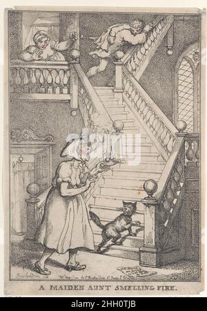 Un feu d'odeur de jeune fille tante [1 mai 1806], réédité le 1 mai 1812 Thomas Rowlandson une tante âgée se tient au pied de l'escalier avec une bougie et un chat, tandis que sa nièce se tient sur les escaliers au-dessus tandis que son amant s'échappe des escaliers à droite.Un incendie qui sent Maiden Aunt.[1 mai 1806], réémis le 1 mai 1812.Gravure.Imprime Banque D'Images