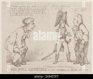 John Bull à l'écoute des querelles des affaires d'Etat 1 mai 1803 Thomas Rowlandson Napoléon est à droite en dictant des termes à Addington, qui est à l'extrême droite.Il met un index sur la paume de sa main pour faire respecter ses paroles, en disant: "Et ainsi, - si vous le faites, je le fais!"Addington, avec une laque en détresse, s'exclame « Oh!- Oh!!'À gauche, John Bull, les mains sur les genoux, les singes à la paire, en disant, «Je déclare ma perruque, se termine avec curiosité!!Qu'est-ce qui peut les mettre en doute ?O que je pourrais mais être laissé dans le secret si j'ai hache notre monsieur à ce sujet, tis dix à un s'il me dit le Banque D'Images