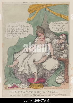 La première nuit de mon mariage, ou petit Boney pas de match pour une Arche Dutchess 25 avril 1810 Thomas Rowlandson Un serviteur debout près d'un lavabo éclaboussant à gauche, montrant un plombier qu'il doit être réparé.Elle lui donne un regard attrayant tandis qu'il tient ses outils de plomberie.Un vieil homme en colère se tient derrière eux à droite.La première nuit de mon mariage, ou peu Boney pas de match pour un Arch Dutchess.'Caricatures de Tegg'.Thomas Rowlandson (britannique, Londres 1757–1827 Londres).25 avril 1810.Gravure à la main.Thomas Tegg (Grande-Bretagne, 1776–1846).Imprime Banque D'Images