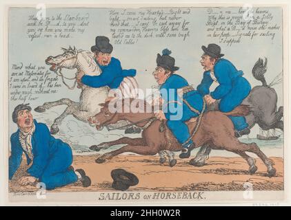 Marins à cheval 16 mars 1811 Thomas Rowlandson trois marins à cheval loin de la mer, et tous ont des difficultés.Un quatrième est sur ses mains et ses genoux à l'extrême gauche, et regarde pour dire : « Ind ce que vous êtes chez Messmates car je suis contrarié, et la frégate dont je suis venu à bord, a été sous poids, sans moi cette demi-heure. »Le pilote à l'avant claque son cheval d'élevage autour du cou, et regarde en arrière pour dire : « garder plus à l'étoile et être D—d, à vous, ne voyez pas comment vous faites mon bateau, courir une tête. »L'homme suivant est attaché à son cheval avec de lourdes cordes, et il dit: «ici je viens Banque D'Images