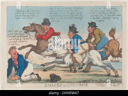 Marins à cheval 16 mars 1811 Thomas Rowlandson trois marins à cheval loin de la mer, et tous ont des difficultés.Un quatrième est sur ses mains et ses genoux à l'extrême gauche, et regarde pour dire : « Ind ce que vous êtes chez Messmates car je suis contrarié, et la frégate dont je suis venu à bord, a été sous poids, sans moi cette demi-heure. »Le pilote à l'avant claque son cheval d'élevage autour du cou, et regarde en arrière pour dire : « garder plus à l'étoile et être D—d, à vous, ne voyez pas comment vous faites mon bateau, courir une tête. »L'homme suivant est attaché à son cheval avec de lourdes cordes, et il dit: «ici je viens Banque D'Images