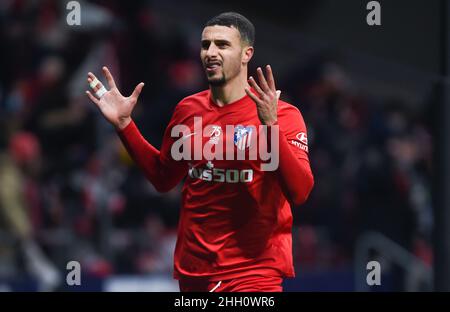 Madrid, Espagne.22nd janvier 2021.Mario Hermoso, de l'Atletico de Madrid, réagit lors d'un match de football espagnol de première division entre l'Atletico de Madrid et Valencia CF à Madrid, Espagne, le 22 janvier 2021.Credit: Gustavo Valiente/Xinhua/Alamy Live News Banque D'Images