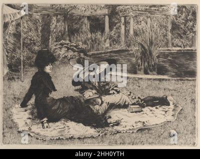 Sur l'herbe 1880 James Tissot français cette gravure, pour laquelle aucune peinture à l'huile n'est connue actuellement, représente le modèle omniprésent de Tissot de l'époque, Kathleen Newton, ainsi que sa fille et peut-être sa nièce, se prélassant à l'extérieur sur un tapis de fourrure.La piscine et la colonnade en arrière-plan confirment le cadre comme jardin de l’artiste dans le bois à la mode de Saint John’s, Londres.Comme 'en plein soleil' (), Tissot peut avoir employé des photographies de ses sujets pour composer le travail.Sur l'herbe.James Tissot (français, Nantes 1836–1902 Chenecey-Buillon).1880. Gravure et point sec sur papier déposé; secon Banque D'Images