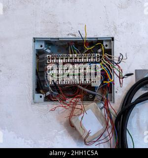 Ouvrez le boîtier de raccordement avec des fils en saillie, préparés pour le montage et la connexion des câbles de téléphone et d'ordinateur.Mise au point sélective Banque D'Images