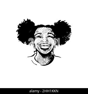 Jeune femme afro-américaine mignonne, adolescente, riant avec cœur, lèvres larges ouvertes, dents brillantes,cheveux bouclés en picots.Portrait réaliste dessiné à la main Illustration de Vecteur