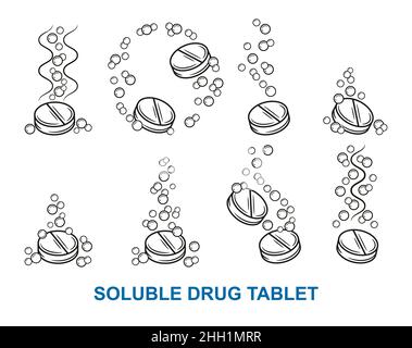 Comprimé de médicament soluble effervescent, pilule d'aspirine gazeuse, vitamine dissolvent dans l'eau contour icône ensemble.Doser la solution de médicament avec des bulles d'air.Vecteur Illustration de Vecteur