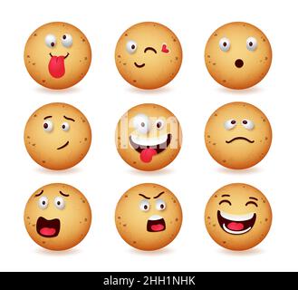 Motif cookie emojis vector Set.Le pain de gingembre emoji visages dans les réactions mignonnes de fou, dans l'amour et le caractère choqué pour les cookies visage émoticône. Illustration de Vecteur