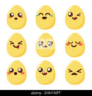 Motif Emojis à motif de vecteur d'œuf.Personnages de kawaii emoji avec des expressions faciales heureuses, mignonnes et tristes dans des visages ovales pour la saison de chasse aux œufs de pâques. Illustration de Vecteur