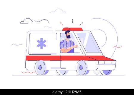 Illustration vectorielle illustrant la conduite d'un véhicule ambulancier par un personnel paramédical.Contour modifiable Illustration de Vecteur