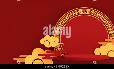 bonne année chinoise. podium asiatique, boule d'or et nuage d'or sur fond rouge. design de bannière chinoise.3d illustration Banque D'Images