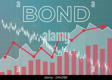 Mots Bond sur fond bleu, gris et rouge de finance de colonnes, ligne, chandeliers, flèche, ville.Concept d'économie et de finance Illustration de Vecteur