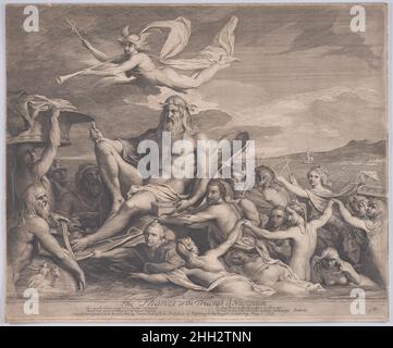 La Tamise, ou le Triomphe de la navigation 1792–1801 James Barry Barry a fondé cet imprimé sur l'un des tableaux qu'il a faits pour orner la Grande salle de la Société de Londres pour l'encouragement des arts, des manufactures et du commerce.L'image se concentre sur une personnification de la Tamise qui roule dans un navire qui s'éloigne de la côte anglaise comme Mercure, le dieu du Commerce, vole au-dessus.Des figures et des objets modernes élaborent l'allégorie, avec des instruments de navigation inventés ou améliorés par les Anglais qui guident la Tamise, propulsée par l'illustre marin Sir Walter Raleigh, Sir Francis Drake Banque D'Images