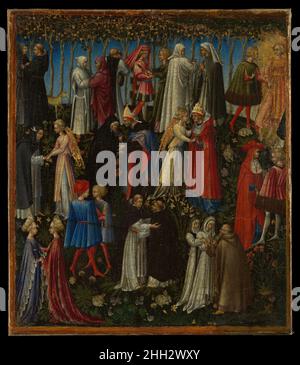 Paradise 1445 Giovanni di Paolo (Giovanni di Paolo di Grazia) Italien avec une scène de la création et de l'expulsion du Paradis, également dans le Métropolitain (Collection Robert Lehman), cette photo a formé la base (predella) d'un retable anciennement dans l'église de San Domenico, Sienne (Galleria degli Uffizi, Florence).Peints en 1445, les deux peintures comptent parmi les plus belles œuvres de l'artiste.Des groupes de saints et d'anges s'embrassent dans un riche jardin du Paradis, semblable à une tapisserie.Giovanni di Paolo s'est beaucoup inspiré des peintures qu'il a vues à Florence par FRA Angelico, mais il a rejeté le perspect Banque D'Images