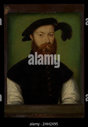 Portrait d'un homme avec un chapeau à plumage noir ca.1535–40 attribué à la Corneille de Lyon Netherlandish Une réplique de ce panneau se trouve au Musée des Beaux-Arts de Houston.Portrait d'un homme avec un chapeau à plumage noir.Attribué à Corneille de Lyon (Netherlandish, la Haye, actif par 1533–mort 1575 Lyon). CA.1535–40.Huile sur bois.Peintures Banque D'Images