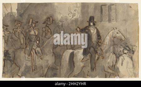 Louis-Napoléon Bonaparte le deuxième décembre 1851–55 Constantin Guys French “Napoléon le 2 décembre” a été inscrit sur une étiquette une fois apposée sur le dos de cette feuille.Si l’identification est saine, le dessin représente le triomphant Charles-Louis-Napoléon Bonaparte le jour où il a organisé un coup d’état pour renverser le gouvernement républicain en 1851.Il fut plus tard couronné empereur Napoléon III, et le second Empire prit la main.Louis-Napoléon Bonaparte le 2 décembre.Constantin Guys (français, Flushing 1802–1892 Paris).1851–55.Graphite, encre brune et lavage gris sur une colombe blanc cassé Banque D'Images