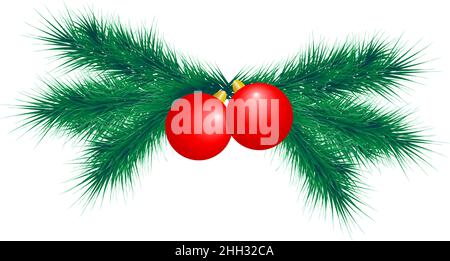 branche de sapin décorée de boules rouges. élément clipart vectoriel Illustration de Vecteur