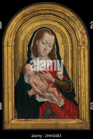 Vierge et enfant 1475–99 Maître de la légende de Saint Ursula Netherlandish les images de la Vierge allaitante, les lactons de Virgo, sont devenues extrêmement populaires dans la peinture du XVe siècle, en particulier à Bruges, où le Sint-Donaaskerk abritait des reliques des cheveux et du lait de Marie.Alors que le motif dérive généralement d'un type d'icône byzantine (galaktotrophousa), la Vierge et l'enfant dans cette photo ont été cités de Saint Luke de Rogier van der Weyden dessin de la Vierge (Musée des Beaux-Arts, Boston).La place dorée de la trompe l'oeil, apparemment archaïque, redonne à l'image son statut d'icône Banque D'Images