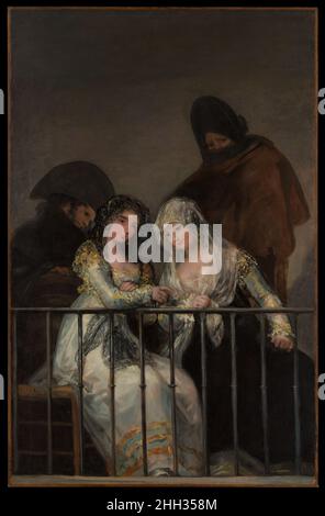 Majas sur un balcon ca.1800–1810 attribué à Goya (Francisco de Goya y Lucientes) Espagnol le thème des femmes sur un balcon supervisé par des compagnons masculins vigilants et quelque peu menaçants a donné naissance à l'une des peintures les plus puissantes de Goya, aujourd'hui dans une collection privée et datée d'environ 1810.Cette peinture est parfois considérée comme une variante de composition, son attribution est remise en question par certains experts.Expressivement et stylistiques, cependant, les deux peintures sont assez différentes.La composition innovante de Goya dans laquelle se chevauchent un balcon et un avion photo a été reprise par Edouard Manet pour explorer la vie urbaine Banque D'Images