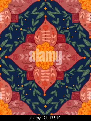 Motif fleuri vectoriel sans couture avec décoration folk.Texture carrelée avec fleurs rurales plates sur fond bleu.Papier peint naïf naturel avec Illustration de Vecteur
