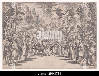 Scène du mariage de Ferdinand de' Medici et Christine de Lorraine à Florence en 1589; Apollo et les Python 1589–92 Agostino Carracci Italien le dessin pour l'imprimé se trouve au Victoria and Albert Museum, Londres (inv.no.E 1188-1931)..Scène du mariage de Ferdinand de' Medici et Christine de Lorraine à Florence en 1589; Apollon et les Python.Agostino Carracci (italien, Bologne 1557–1602 Parme).1589–92.Gravure, gravure.Imprime Banque D'Images