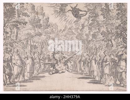 Scène du mariage de Ferdinand de' Medici et Christine de Lorraine à Florence en 1589; Apollo et les Python 1589–92 Agostino Carracci Italien le dessin pour l'imprimé se trouve au Victoria and Albert Museum, Londres (inv.no.E 1188-1931)..Scène du mariage de Ferdinand de' Medici et Christine de Lorraine à Florence en 1589; Apollon et les Python.Agostino Carracci (italien, Bologne 1557–1602 Parme).1589–92.Gravure, gravure.Imprime Banque D'Images