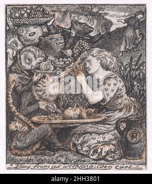 'Acheter chez nous avec un curl d'or', pour 'le marché de Goblin' 1861–62 Dante Gabriel Rossetti en août 1861, Rossetti propose à l'éditeur Alexander Macmillan de créer un 'design fraternel pour une frontispice' à un volume de poèmes de sa sœur Christina.Le dessin a été terminé à la mi-décembre, mais il a fallu jusqu'en avril 1862 la gravure en bois de Charles Faulkner pour être achevée et publiée.Les images de conte de fées font écho au verset connexe, qui explique comment les gobelins offrent à deux sœurs un fruit magique, une nourriture qui symbolise la tentation.L'artiste montre le Lizzie vêtu de façon claire Banque D'Images