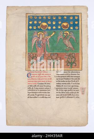 Feuille d'un manuscrit de Beatus: Le quatrième Ange sonne la trompette et un aigle pleure Woe ca.1180 manuscrits illustrés en espagnol Beatus donnent vie à une vision extraordinaire de la fin du monde, telle qu'enregistrée par Saint Jean dans l'Apocalypse (Livre de l'Apocalypse) et filtrée à travers la lentille de Beatus de Liébana, un moine asturien du huitième siècle.Ces manuscrits sont uniques à l'Espagne médiévale et témoignent de l'omniprésence de l'art et du milieu intellectuel de la culture monastique.La feuille illustrée ici provient d'un manuscrit démonté dans le 1870s.cette illustration présente deux principaux prot Banque D'Images