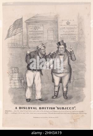 Disloyal British 'Subject' 1861–65 Currier & Ives cette satire répond à une campagne de recrutement visant des saleurs étrangers que la Marine américaine a montés pendant la guerre de Sécession.Nous voyons un Irlandais qui est tenté de s'inscrire en étant averti par John Bull, un incarnation rotund de l'Angleterre, qui lui dit qu'il va perdre la protection britannique.Les figures se tiennent près d'un quai où des navires amarrés à la distance sous un grand drapeau américain.Les affiches concurrentes sur le mur ont lu: 'L'Union pour toujours, les États-Unis, vers le bas avec la sécession, la mort aux traîtres, les volontaires voulaient pour la marine des États-Unis' et ' Victoria R., T Banque D'Images