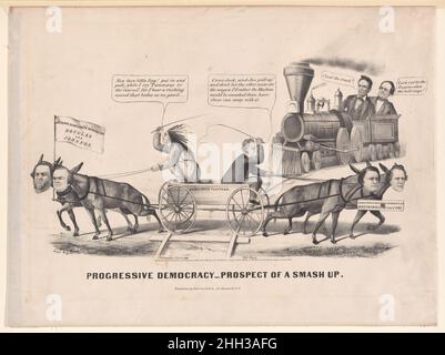 La démocratie progressiste – la perspective d'un Smash Up 1860 probablement après Louis Maurer.La démocratie progressiste – la perspective d'une petite marche.Probablement d'après Louis Maurer (américain (né en Allemagne), Biebrich 1832–1932 New York).1860. Lithographie de couleur main.Currier & Ives (cuisine américaine, active à New York, 1857–1907).Hannibal Hamlin (américain, 1809–1891).Imprime Banque D'Images