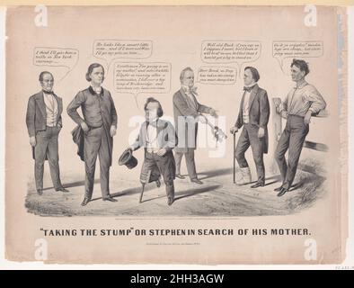 "Prendre le Stump" ou Stephen à la recherche de sa mère 1860 probablement après Louis Maurer cette caricature politique commente les candidats à la présidence de l'État-Unis en 1860.Stephen Douglas, représentant le parti Northern Democratic, se déverse sur une jambe de bois tandis que le président en exercice James Buchanan offre une autre jambe de bois à son vice-président, John C. Breckinridge, cette dernière étant soutenue par le parti Southern Democratic.À côté d'eux, le candidat républicain Abraham Lincoln se penche contre une clôture et dit, 'allez-y vous paralysent!Les pattes en bois sont bon marché mais les trébuchement ne vous épargneront pas. Banque D'Images