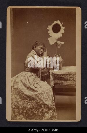 « The Wilde Woman of Aiken », de la série « Aiken and Après » 1882 James A. Palmer cette photographie raciste et culturellement offensante capture les attitudes et les stéréotypes qui prévalent en Amérique à la fin du 19th siècle.Probablement créée en réponse aux idéaux esthétiques de beauté d'Oscar Wilde et à la philosophie « Art for Art's Sake », l'image représente une femme afro-américaine assise à une table avec une carafe à visage Edgefield montrant un grand tournesol et un nénuphar.Il semble avoir été pris en même temps que 'un Darkey esthétique,' une autre photographie de la même 'Aiken et ses environs' seri Banque D'Images