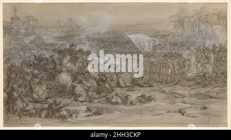 Bataille des Pyramides, 21 juillet 1798 ca.1800 François André Vincent Français cette grande étude est l'une des nombreuses œuvres de Vincent illustrant la bataille des Pyramides, qui a eu lieu le 21 juillet 1798 dans le cadre de l'invasion de l'Égypte par Napoléon.Le projet faisait partie d'une plus grande commission, publiée en 1800 par Lucien Bonaparte, ministre de l'intérieur, pour six grandes toiles, chacune par un artiste différent, représentant une série de batailles.Bien que la peinture n'ait jamais été achevée, on peut voir la conception de la scène de Vincent dans cette étude énergétique où une masse tordue, chaotique de chevaux et Mamluk vendu Banque D'Images