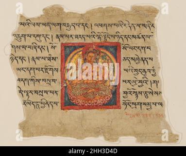 Fragment d'un manuscrit de Prajnapalamita Sutra folio 11th siècle non identifié ce tableau décrit la personnification du texte de sagesse Prajnaparamita.Elle est représentée sous une forme à six armes, les mains centrales sont tenues au-dessus du coeur dans une variation de la dharmacakramudra, tandis que ses mains supérieures affichent le livre sacré (pustaka) et le sceptre à l'éclair (vajra), tandis que ses mains inférieures tiennent un rosaire (mala) et le geste de bénédiction.Elle porte des bijoux d'or sur son corps et un diadem tripartite orne la tête de l'hérésie, qui est encadrée par un halo rouge.Une ceinture, apparemment de cordes de perles, le sécurise Banque D'Images