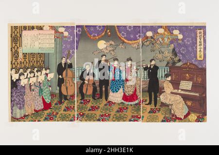 Concert de musique européenne (Ōshū kangengaku gassō no zu) 1889 Yōshū (Hashimoto) Chikanobu japonais pendant la modernisation du Japon dans la période Meiji, les récitals de musique européenne ont été parmi les coutumes nouvellement importées.Les deux violonistes féminins sont séparés des chanteurs par leurs bodys de fleur distinctifs, rassemblés à la taille pour éventail sur une partie du tablier, un style qui est apparu fréquemment dans le mode illustraé de la entre 1885 et 1887.Concert de musique européenne (Ōshū kangengaku gassō no zu) 53314 Banque D'Images