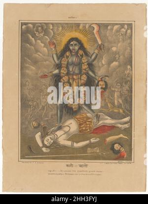 Déesse Kali ca.1880–85 Bengale occidental, Calcutta Kali, incarnation suprême de la puissance féminine (shakti), est une manifestation de la déesse Parvati, épouse aimante de Shiva, et est particulièrement adorée au Bengale comme la première déesse du culte de sakta.Sa forme vengeante et sanglante en est venue à incarner tout ce que les Européens en Inde sont venus à la plupart de la peur – et de la méconnaissance – de la société hindoue.Kali incarne le pouvoir au fil du temps et est souvent décrit comme le destroyer du temps, incarnant les forces naturelles de la destruction.Elle est typiquement représentée debout sur la figure prostrate de son mari, Shiva, qui est ici voir Banque D'Images