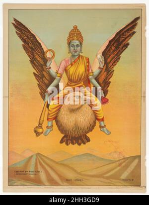 Déesse Sarasvati ca.1890–20 Inde dans cette rare représentation de Sarasvati, la déesse de la connaissance et des arts est vue à cheval sur l'aigle Garuda de Vishnu, volant haut au-dessus des chaînes de montagnes vallonnés.Plutôt que de tenir son livre caractéristique d'apprentissage et son instrument préféré, le vina, elle affiche les attributs de signature de son Seigneur Vishnu dans ses quatre mains, le discus, conch, lotus et mace.Elle est stern et martiale, plus proche de Vishnu lui-même que de la douce déesse de la connaissance.De même, son corps a assumé la teinte bleue de Vishnu plutôt que sa caractéristique de blanc comp Banque D'Images
