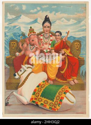 Shri Shankara Shiva ca.1890–20 Inde ce magnifique rendu de la famille divine de Shiva est l’un des plus anciens et des plus populaires tirages de Chitrashala Press, basé à Pune, dans l’ouest de l’Inde.Les visages jeunes et beaux de Shiva et de sa femme Parvati regardent directement le spectateur, engageant le dévot dans l'acte du darshan, «voyant le Divin».La famille sainte, richement habillée et ornée, assise sur un trône avec un dos et des côtés brossée de lions sculptés avec de lourdes mannes.Shiva embrasse à la fois Parvati et leur deuxième fils Ganesha avec ses bras inférieurs, tout en tenant aloft son trident (trisula) a Banque D'Images