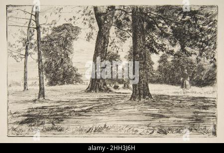 Greenwich Park 1859 James McNeill Whistler l'américain Whistler a voyagé le long de la Tamise pour trouver le sujet d'une pelouse ombragée à Greenwich, en visitant le parc avec son beau-frère de la station de ski Seymour Haden.Tous deux ont créé des imprimés qui montrent un retraité de la marine de l'hôpital Royal pour les marins tout proche, qui se détend sur l'herbe (Whister's intitulé 'Greenwich Pensioner' (17,3.27) et 'sub Tegmine' de Haden (Under the Canopy; 17,3.276).Le met a deux autres impressions de 'Greenwich Park' (83,1.22, 17.21.71).Greenwich Park 372500 Banque D'Images