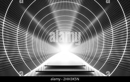 Réflexion de la ligne de néon lumineux scène de Podium lumineuse Corridor futuriste arrière-plan.3D rendu Banque D'Images