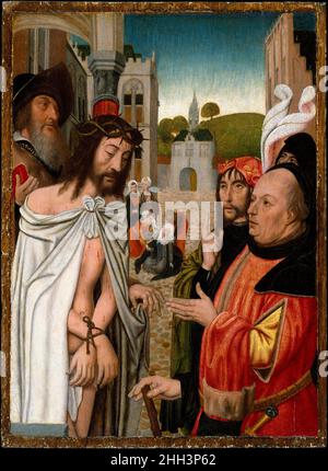 Christ montré au peuple 1510–15 Jan Mostaert Netherlandish peut-être partie d'un diptyque, le panneau dépeint Pilate présentant le Christ aux Hébreux pour jugement.En accord avec sa fonction de dévotion, Mostaert place les figures principales près du plan de l'image, en les montrant seulement à moitié de longueur.Le dialogue des mains et l'insertion de la Vierge, qui s'est évanouie dans le chagrin, entre les figures de premier plan, contribuent à la force expressive.Christ montré au peuple 437168 Banque D'Images